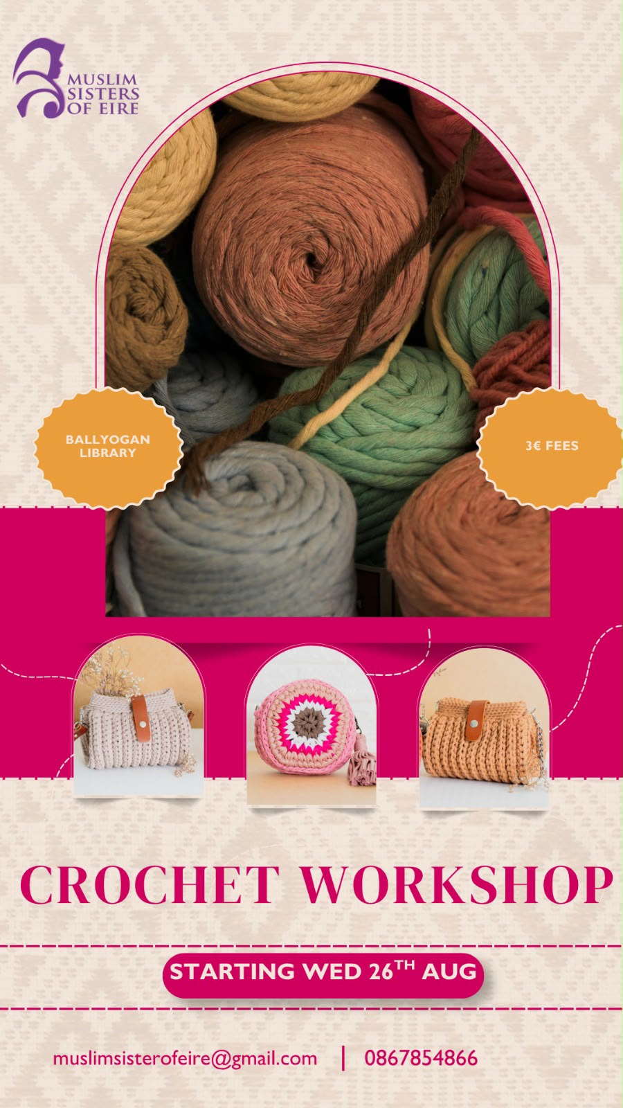 MSOÉ Ladies Crochet Workshop — Ballyogan Library, starting Wednesday 26 August, €3